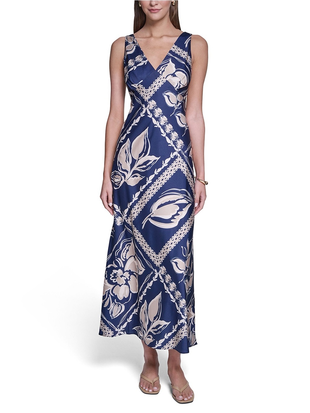 New HALSTON Women's V-Neck Printed Maxi Dress Blue Ivory Sleeveless Satin Size 6